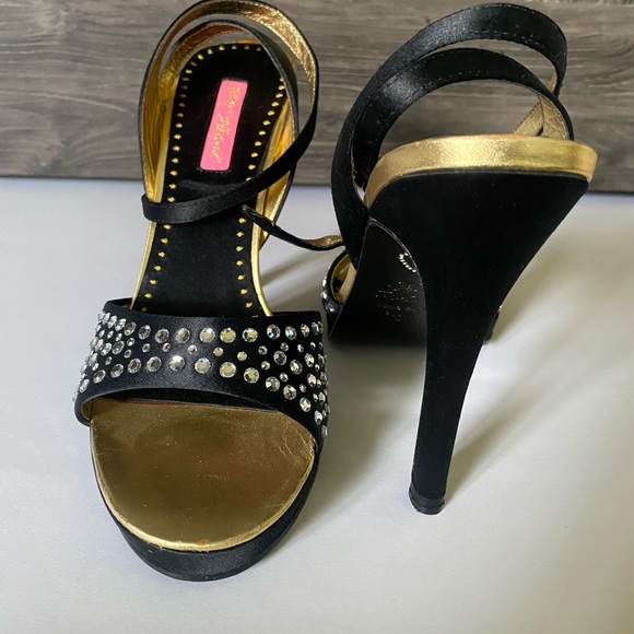 Black Betsey Johnson "Cristie" rhinestone heel sandals with w/strap, sz 10 - Picture 3 of 10